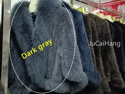 Women Coat HandMade Knitted Real Mink Fur Shawl With Fox Fur Collar -Dark Gray • $165