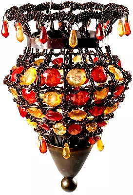 VTG Hanging Moroccan Lantern Beaded Tea Light Votive Candle Holder Orange & Gold • $24.38