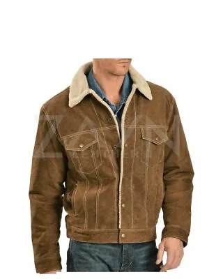 Men Sherpa Lined Real Suede Leather Jacket Brown Trucker Denim Style Winter Coat • $129.60