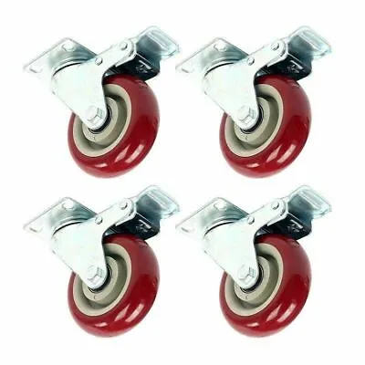 4 Pack 3  Caster Wheels Swivel Plate Total Lock Brake Red Polyurethane PU • $18.99