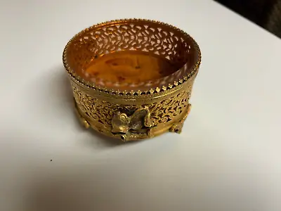 VINTAGE GOLD ORMOLU Filigree ALL PURPOSE TRINKET VANITY JAR Beveled Glass ORNATE • $9.99