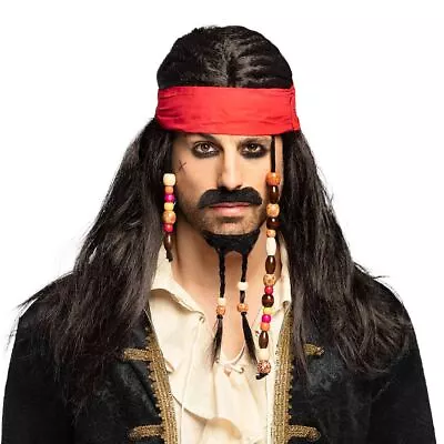 Caribbean Pirate Kit With Wig - Bandanna - Moustache And Beard Fancy Dress • £19.91