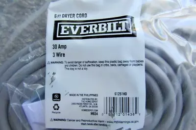 1   EVERBILT Electric 3 Prong Dryer Power Cord  6 Foot 3 Wire 30 Amp • $14.50