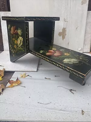 Vintage Hand Painted Black Tole Furniture Floral 11x19x10 Tiered Side Table • $182