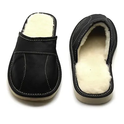 Mens Sheepskin Slippers Mule Shoes Warm Leather Wool Size 6 7 8 9 10 11 12 • £10.99