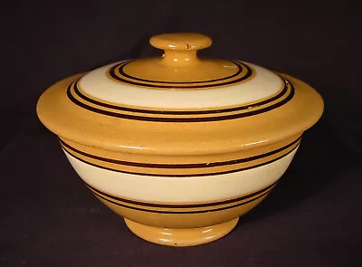 RARE KITCHEN ANTIQUE 1800s BLACK & WHITE BAND BOWL With LID YELLOW WARE MINT • $325