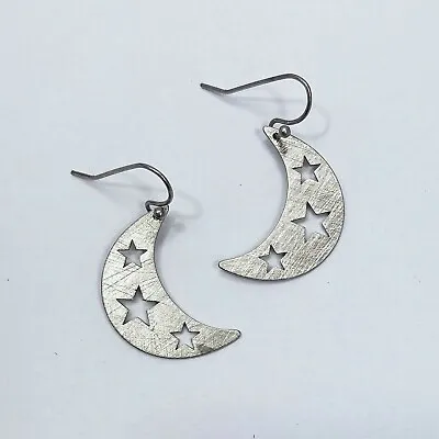 $7.99 • Buy Matte Silver Tone Metal Half Moon Star Shape Brass Drop Dangle Hook Earrings