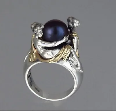 Women's Ring 925 Silver Black Pearl Figurative Handcrafted Handmade 6 7 8 9 10 • $38