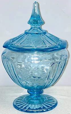 Anchor Hocking MAYFAIR/ OPEN ROSE BLUE  8 1/2” CANDY DISH W/COVER • $220