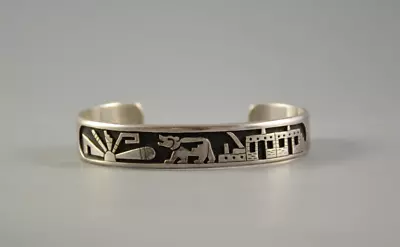 Vintage Hopi Indian Silver Bracelet Cuff - Bear Prayer Feathers Village - 7  • $325