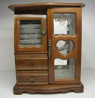 Vintage Jewelry Storage Tabletop Armoire Chest W/ Decorative Etch Glass + Mirror • $48.49