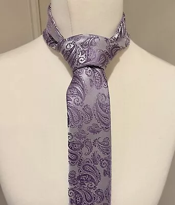 100% Silk Lavender Purple Paisley Tie Cufflinks Pocket Square & Clip Set New • £8.99