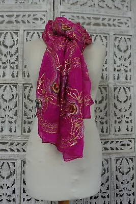 Hot Pink Silk Chiffon Vintage Indian Embroidered Dupatta  Chunni Sku19164 • £38.99