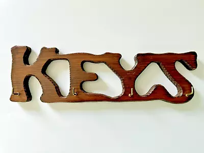 Vintage Retro 1970s Wood KEYS Key Wall Rack With Four 4 Brass Hooks Taiwan • $7.50