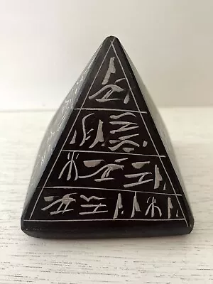 Vintage Black Soapstone Egyptian Pyramid Carved Hieroglyphics Paperweight • $24
