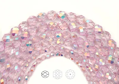 Czech Glass Fire Polished Round Faceted Beads In Crystal Pink Shimmer AB Coated • $2.99