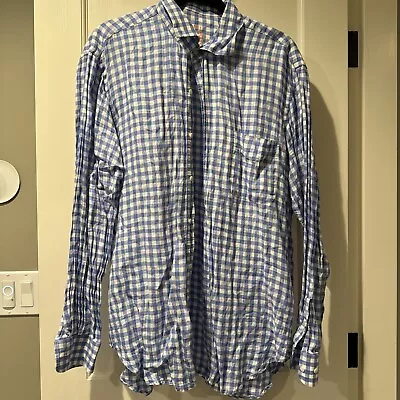 J McLaughlin Shirt Mens Large Blue Gingham Check Linen Long Sleeve Button Up L • $29.99