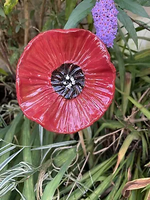 Ceramic Poppy Garden Cane Topper Red Flower Handcrafted Floristry Inside Or Out • £15