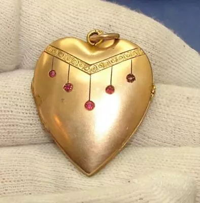 Vintage Victorian Etched Gold Tone & Pink Rhinestone Heart Mourning Photo Locket • $79.99
