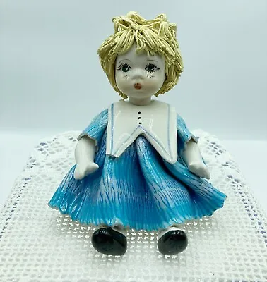 Zampiva Italy Ceramic Blonde Spaghetti Hair Girl Doll Blue Dress Signed • $19