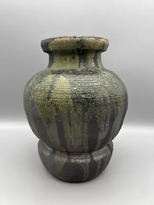 VTG Studio Pottery Signed Raku Round Jar Vase Matte Black Green Drip Glazed 8.5  • $49.99