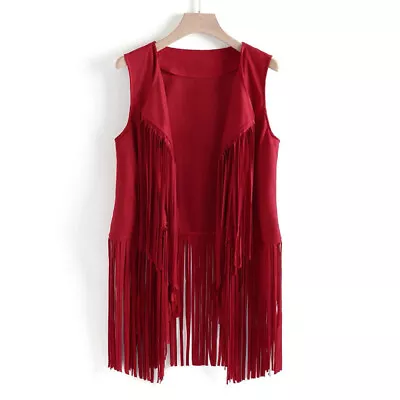 Women Retro 70s Hippie Faux Suede Sleeveless Tassels Fringe Vest Cardigan Jacket • £8.99