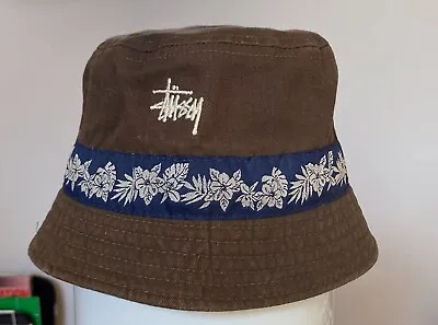 £25 • Buy Vintage Original 90s Stussy USA Bucket Hat Khaki Brown Blue Beach Small/Medium