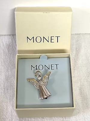 Vtg Monet Angel W/Halo Two Tone Silver Gold Sparkly Rhinestone Pin Brooch Signed • $9.98