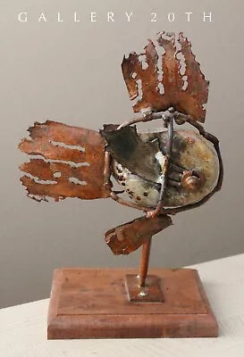 Splash! Mcm Brutalist Fish Art Sculpture! Metal Art! Vtg Abstract Wood Base 60's • $499