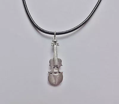 Violin Fiddle Charm Necklace Silver Pendant Black Leather 18  USA-made • $15.99