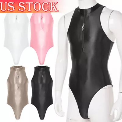 US Mens Glossy Lingerie Sleeveless Bodysuit Dance Gymnastics Leotard Jumpsuit • $10.33