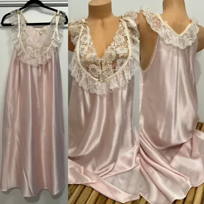 VINTAGE PINK SATIN & LACE NIGHT GOWN LINGERIE By ILISE STEVENS Sz M • $0.01