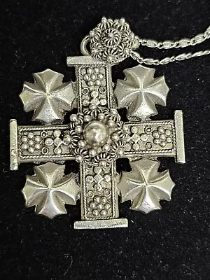 Vintage Sterling Silver Maltese  Jerusalem Cross Pendant Necklace • $250
