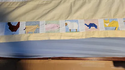 Vintage PATCHWORK CRIB SKIRT HAND Sewn & HAND Pieced ANIMALS ZOO FARM • $44.99