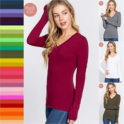 XL 1XL 2XL Round Or V Neck Long Sleeve Soft Cotton T Shirt Fitted Basic Top Tee • $11.95