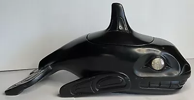Vintage Carved Black Pearlite Orca Whale Abalone Eyes Folk Art Large Lidded Box • $68.11