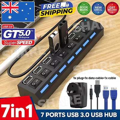 7Port USB 3.0 HUB Powered + SAA AU AC Adapter Cable High Speed Desktop Extender • $14.85