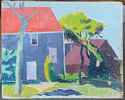 1960s Vintage American Outsider Folk Art Painting Town House Cityscape Modernism • $425