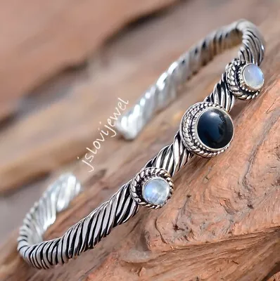 Black Onyx & Moonstone Gemstone 925 Sterling Silver Gift Bengal Bracelet/C-161 • $19.92