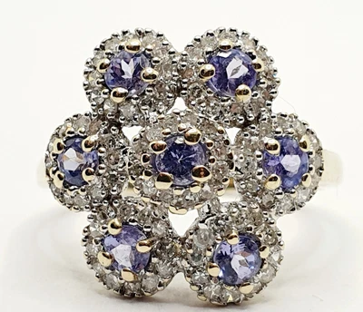 £285 • Buy 9ct Diamond & Tanzanite Double Cluster Yellow Gold Hallmarke Ring 0.75ct Size N