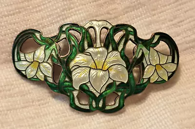 WATSON Art Nouveau Sterling Silver Guilloche Enamel Lily Flower Large Brooch • $189.99