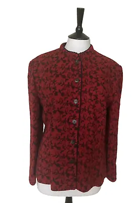 ☆CAROLINE CHARLES LONDON ~ Red & Black Embroiderery Wool Blend Jacket Sz 18☆ • £49.99