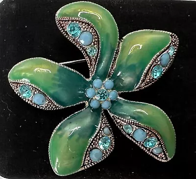 Signed MONET Silver Tone Green Enamel Flower Vintage Brooch Jewelry Lot Z • $2.25
