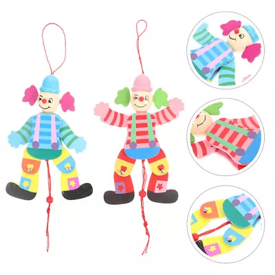  2 Pcs Pretend Play Clown Wooden Marionette Pull Line Toy Cute • £6.68