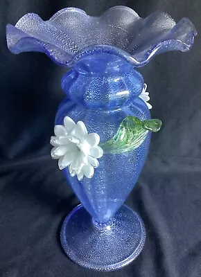 Vintage 11” Tall Murano Venini Art Glass Vase Applied Flowers Blue Flecks Toso • $99.99