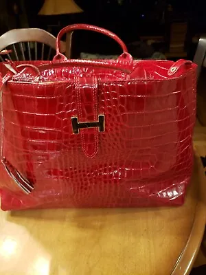 Vera Pelle Red Alligator Print Leather Tote Handbag  Large 15  X  11.5 X 8  Drop • $38