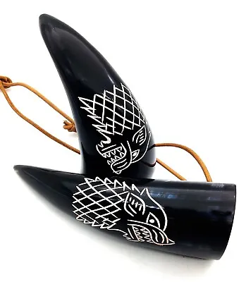 Ox-Horn Viking Drinking Shot Horn With Leather Loop For Hanging Engraved Set 2 • $29.49