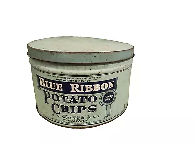 Antique Blue Ribbon Potato Chip Metal Tin Box Large • $40