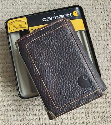 CARHARTT Pebble Brown TRIFOLD LEATHER WALLET *ID WINDOW* Notes Cards IN TIN • £44