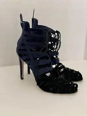 Pre-owned Zara Basic Suede Blue/Black Gladiator Lace Up Heels Size Euro 39/US 8 • $14.99